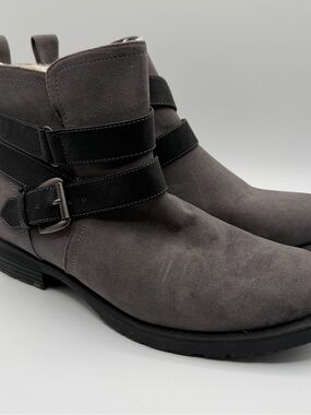 Relativity Gray Faux Suede Moto Ankle Boots Sherpa Lined Buckle Zip 8.5